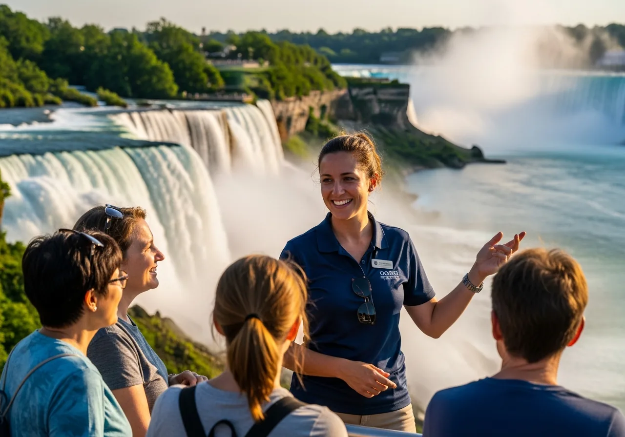 Friendly local Niagara Falls tour guide showing the Horseshoe Falls to a small family group