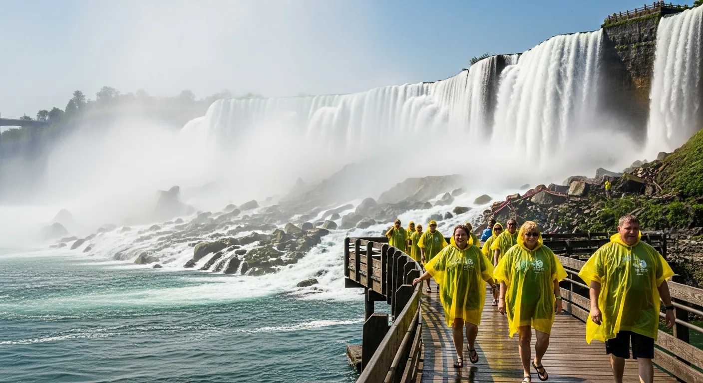 Cave of the Winds Hurricane Deck with tourists in yellow ponchos