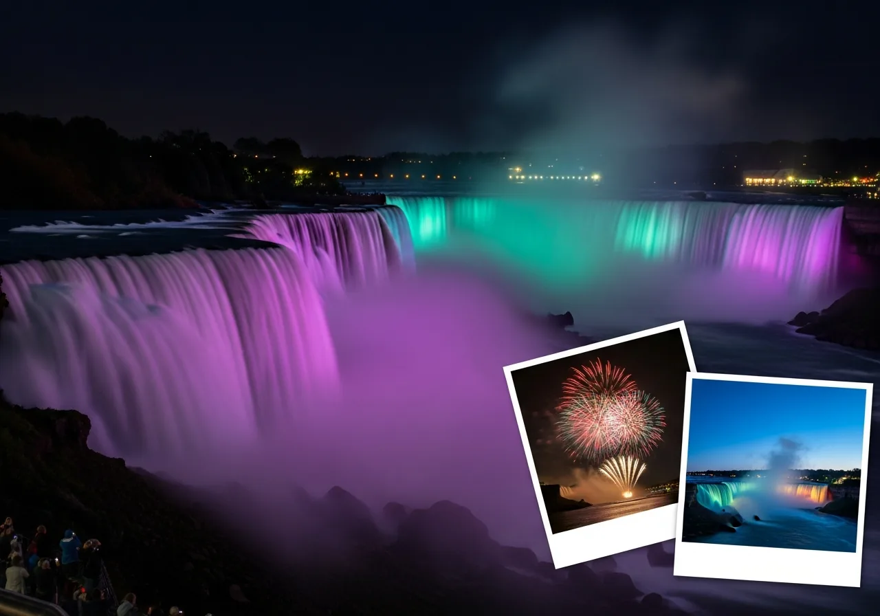 Niagara Falls illumination tour with nighttime lights, boat ride, and Cave of the Winds